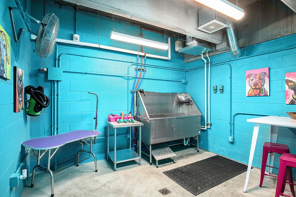 a kitchen with a sink and tables in a room with a blue wall