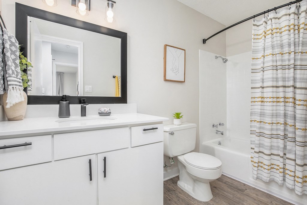 a bathroom with a white sink and toilet and a shower