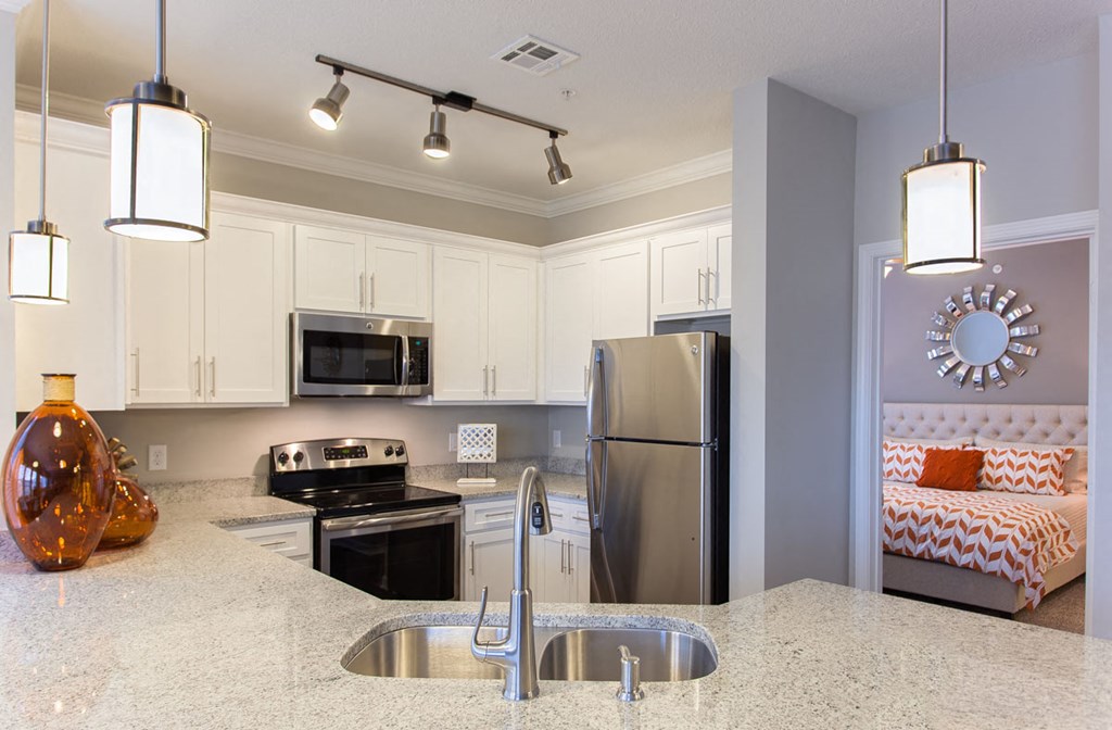 a kitchen with stainless steel appliances and a counter top