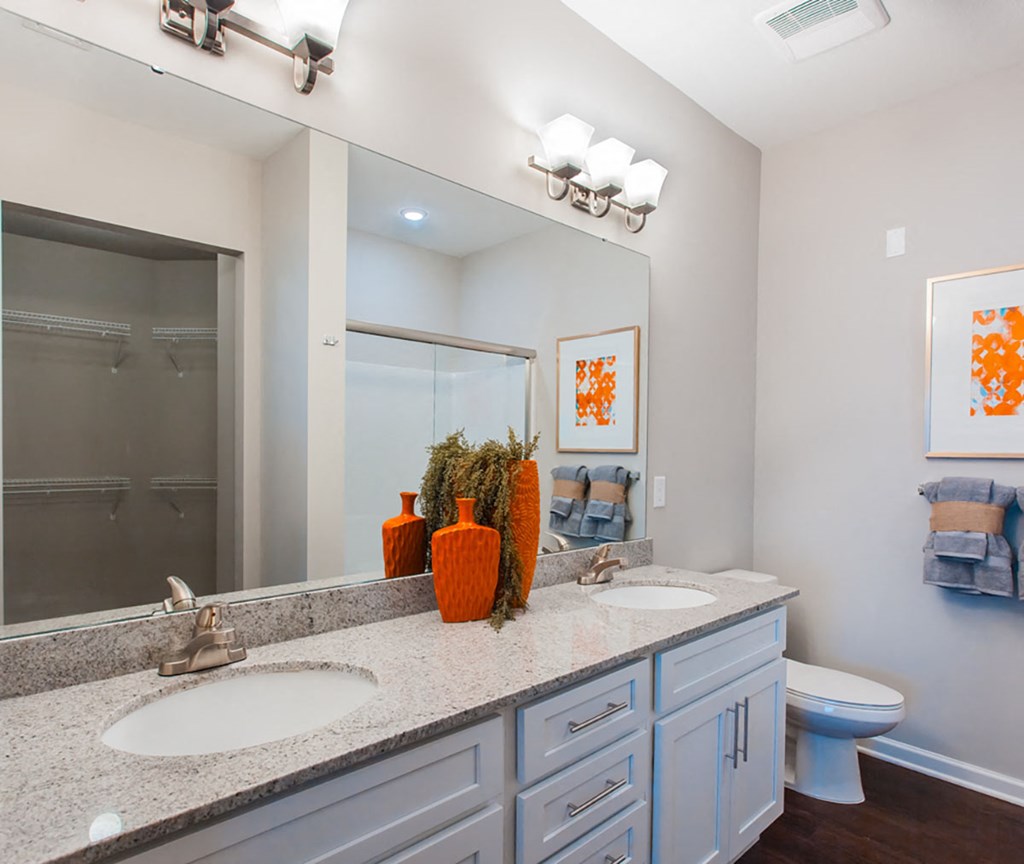 a bathroom with two sinks and a mirror