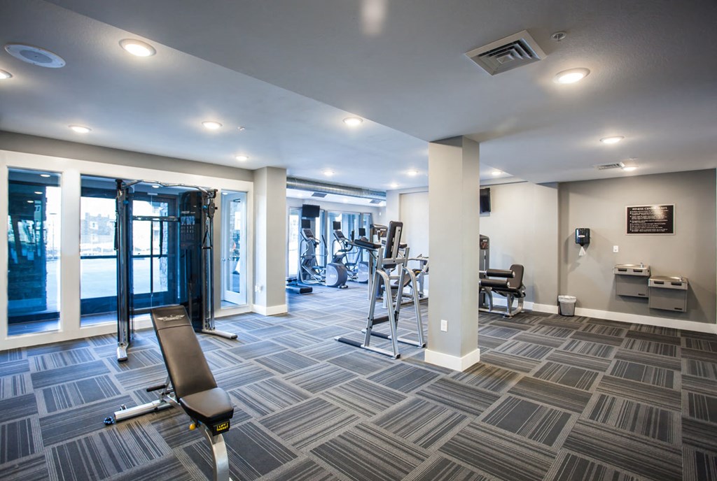 a gym with weights and cardio equipment at the preserve at great neck apartments