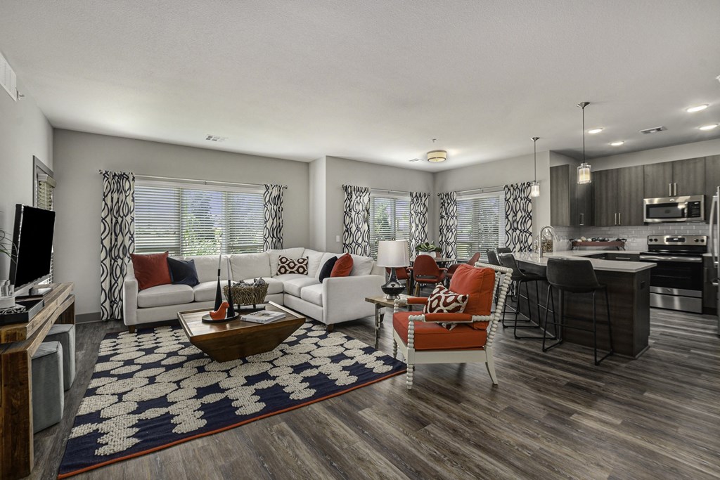 our apartments showcase a beautiful kitchen and living room