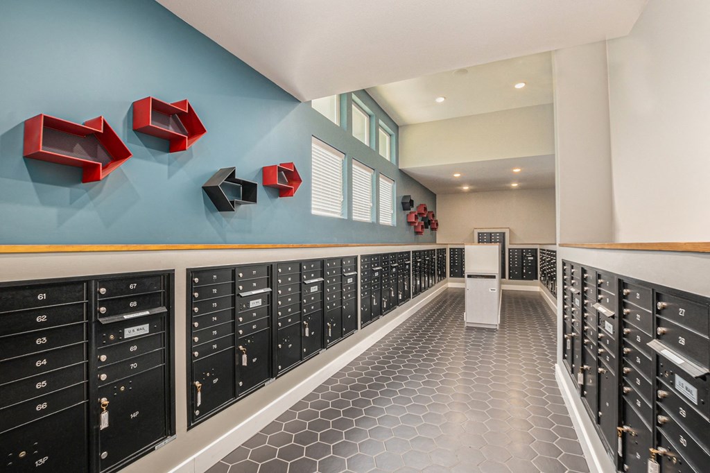a view of the front of the building with the lockers in the foreground and the windows
