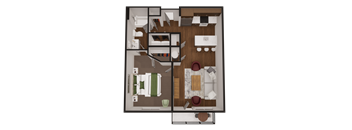 a 3d rendering of our 1 bedroom floor plan