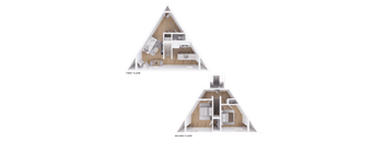 a room divided into two triangles with a view of the interior of a house