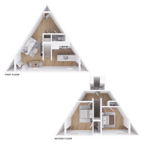 a room divided into two triangles with a view of the interior of a house
