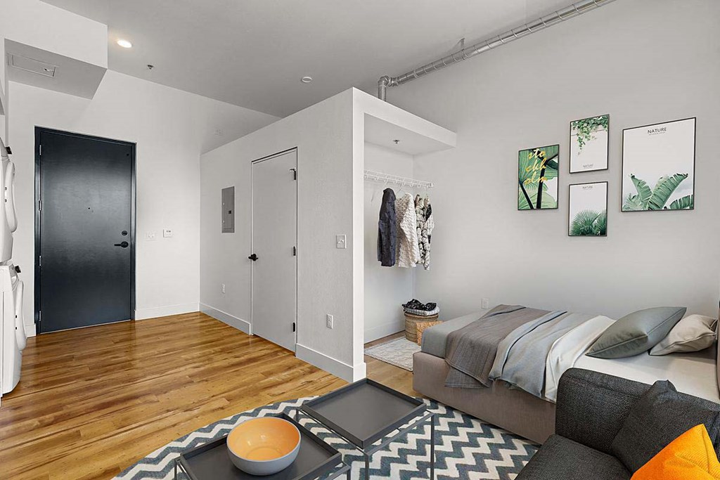 a living room with a couch and a door to a closet