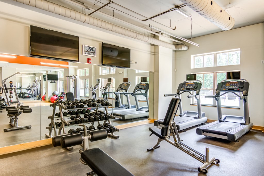 a gym with various cardio machines and weights