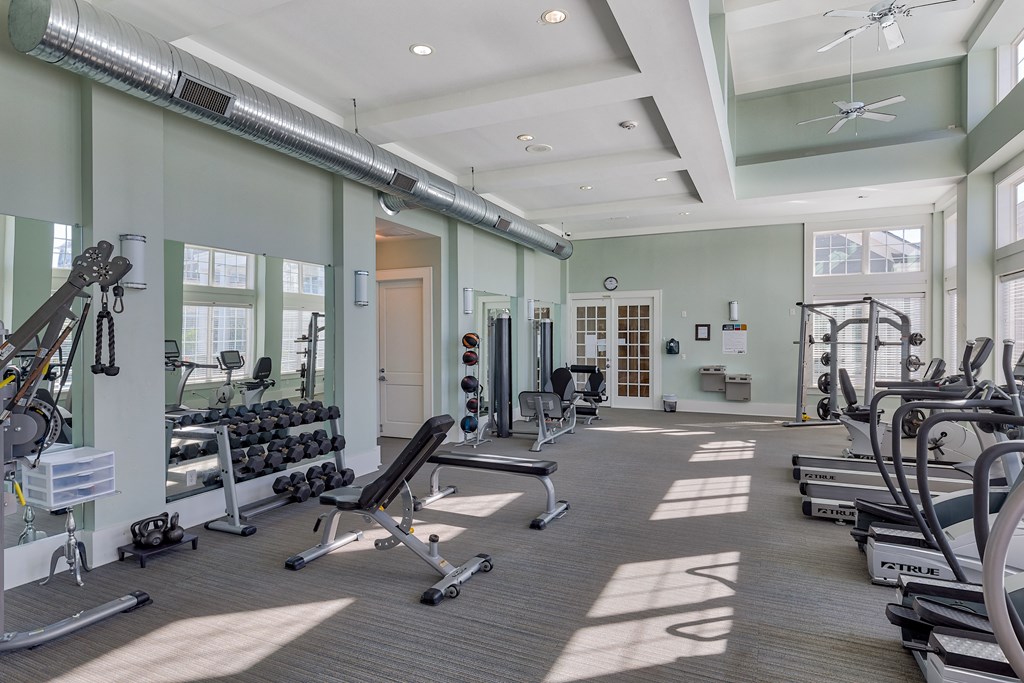 a gym with weights and other exercise equipment and windows