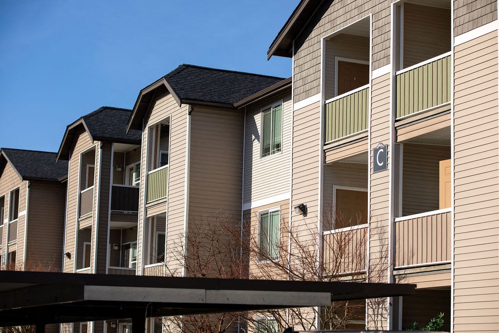 Apartment buildings with balconies at Tustin Apartment Homes, Washington