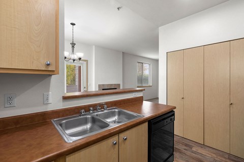 a kitchen with a stainless steel sink and wooden counter tops