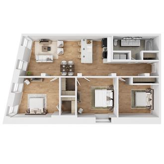 a 3d floor plan of a house with a wood floor