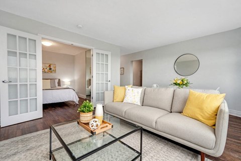 A living room with a grey couch, a glass coffee table, and a mirror on the wall.