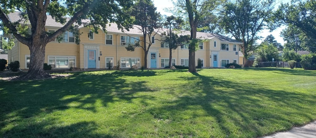 a large grassy area with trees in the background