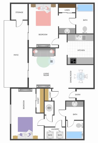 2 Bedroom & 2 Bathroom Apartment Floor Plan At Vista Promenade Luxury Apartment Homes in Temecula, CA