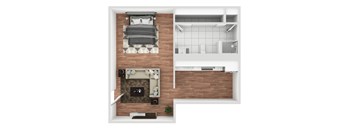 a floor plan of a studio apartment with a bedroom and living room