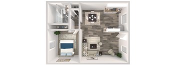 a furnished floor plan of a 1 bedroom apartment