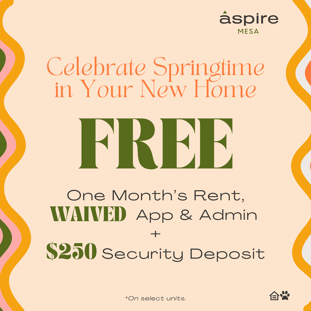 One Month’s Rent FREE, WAIVED App & Admin Fees + $250 Security Deposit!*