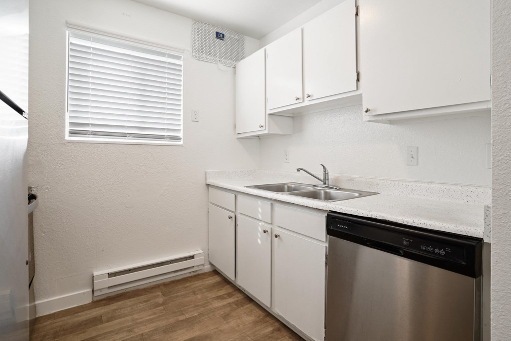 a kitchen with white cabinets and stainless steel appliances and a sink