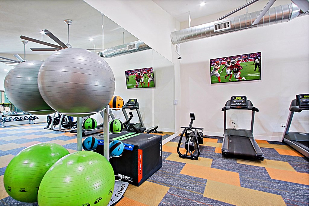 a gym with weights and balls and other exercise equipment in a room with a tv