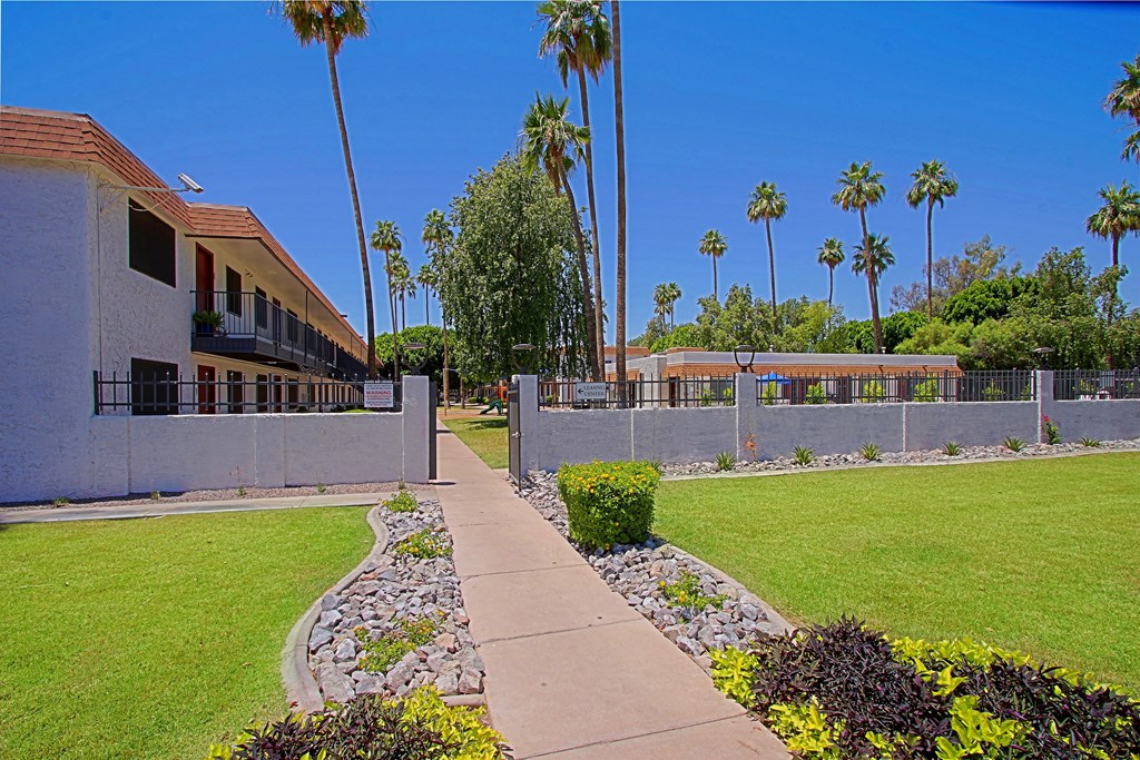 a sidewalk leading to a building with palm trees in the background