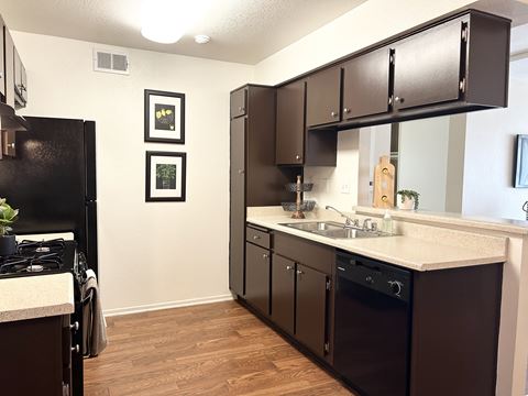 a kitchen with black cabinets and a sink and a refrigerator