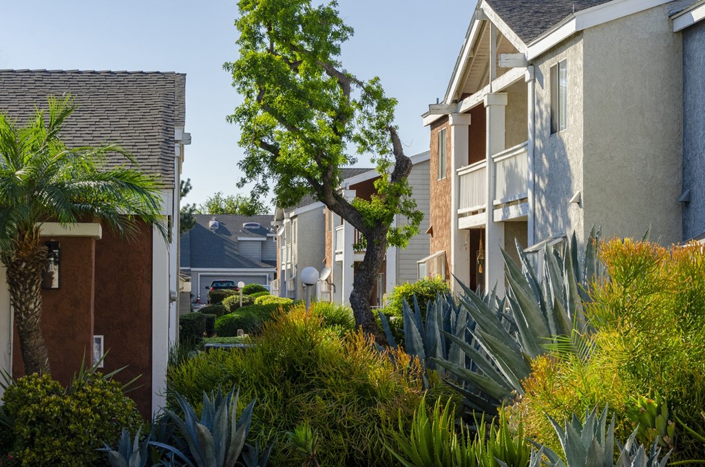 Two Bedroom Apartments in Ontario CA - Rancho Vista - Community Landscape With Lush Grass, Paved Walkway, and Pet Pick Up Station at Rancho Vista Townhomes, California