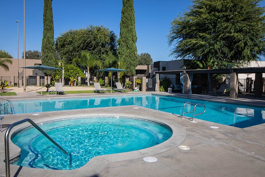 Pool with cabana seating at Aspire Upland Apartments, Upland, CA, 91786