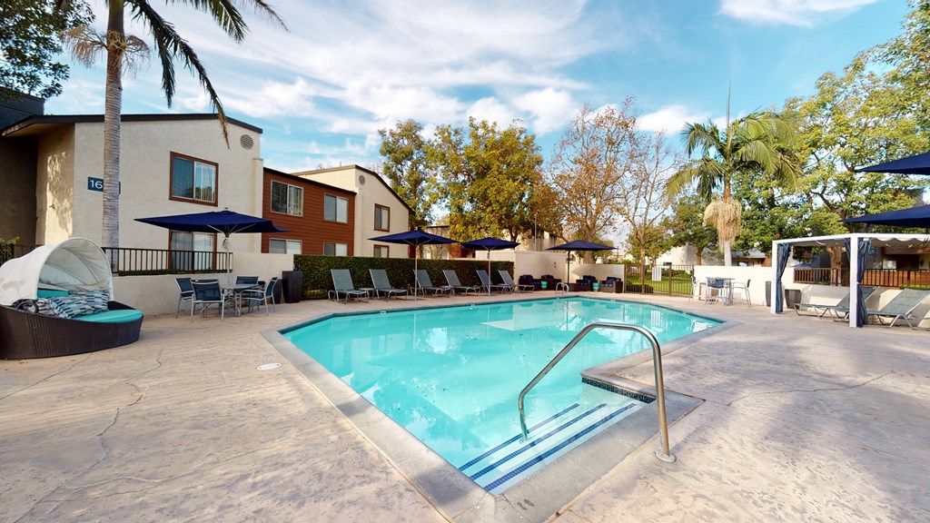 Exterior View of Avante Apartments Building with View of Outdoor Pool at Avante Apartments, Ontario, California