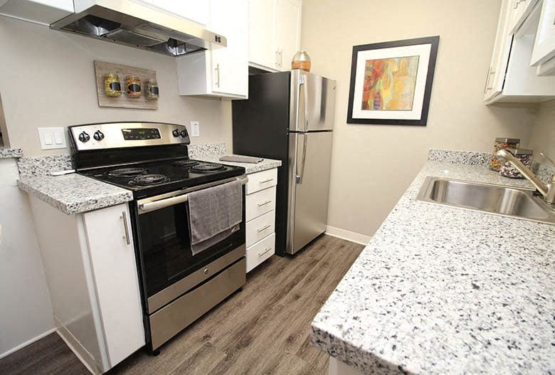 Stainless-Steel Appliances with Granite Countertops and White Cabinets at Aspire Sacramento Apartments, California, 95825