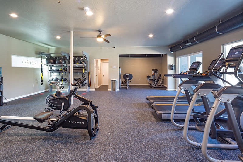 Fitness room with cardio and strength equipment  l Aspire Sacramento Apartments at Aspire Sacramento Apartments, California, 95825