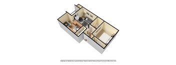 A 3D image of a house layout with a kitchen, living room, and bathroom.