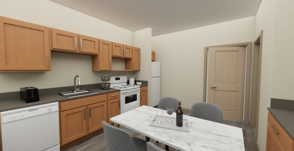 a kitchen with wooden cabinets and a marble table