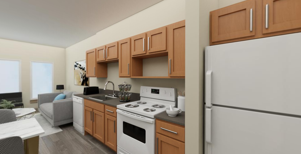 a kitchen with a white stove top oven next to a refrigerator