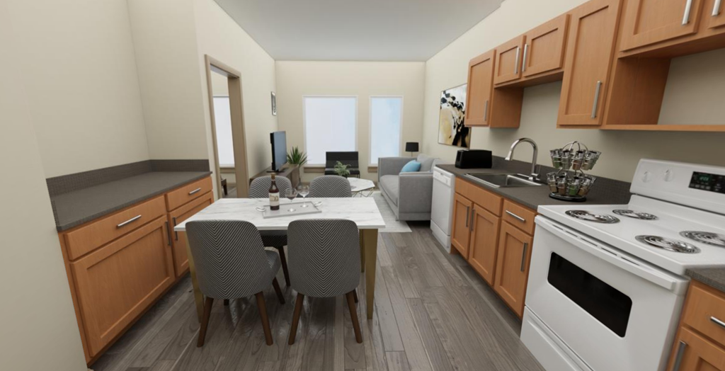a kitchen and living room in a 555 waverly unit