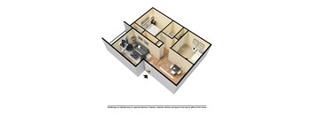 A 3D rendered image of a house layout.