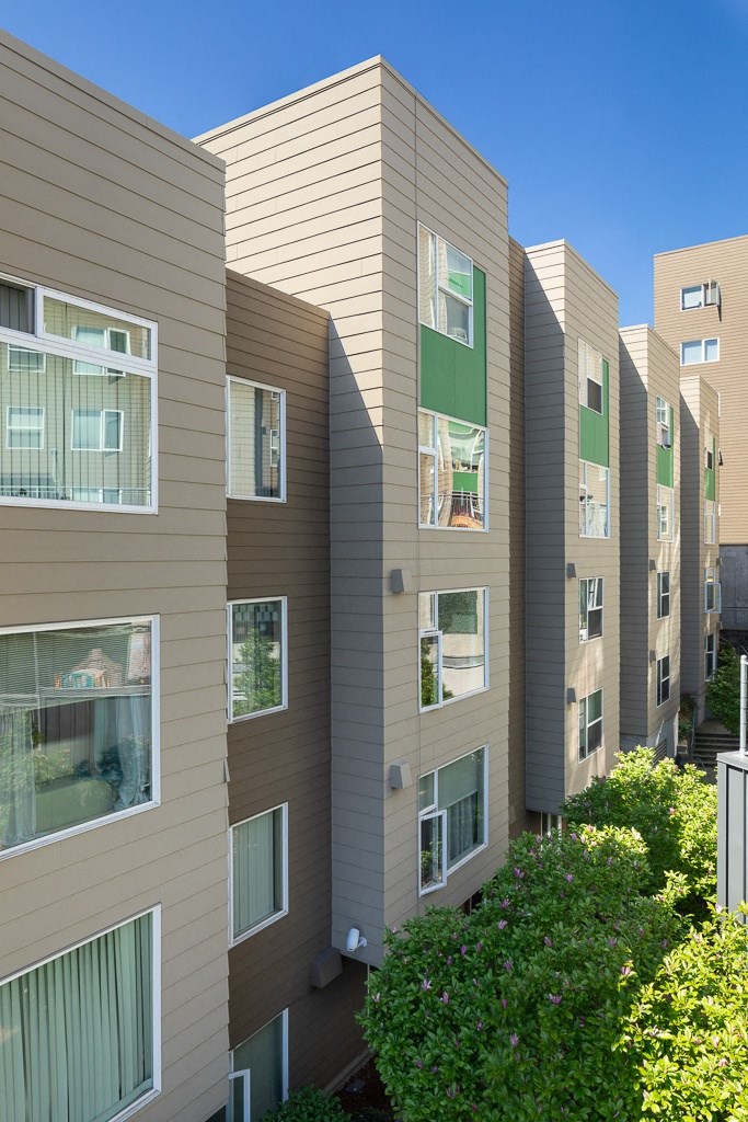 a row of apartment buildings with brown and green windows