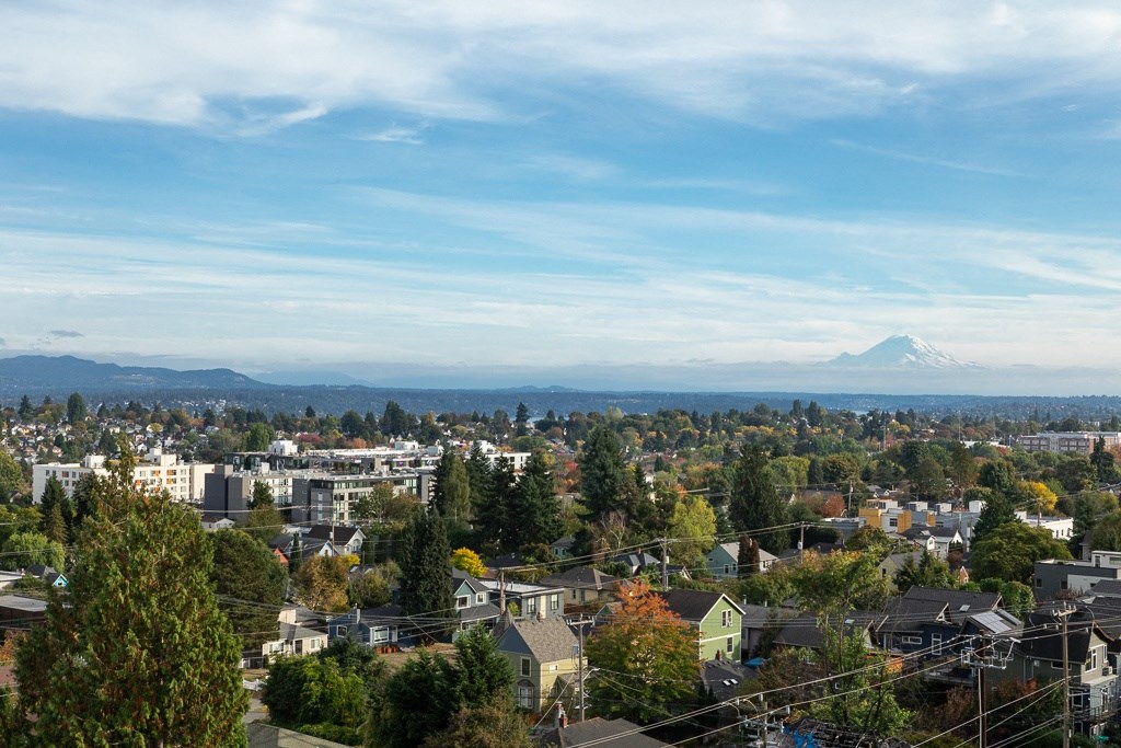 a view of a city with a mountain in the background