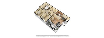 A 3D image of a house layout with a kitchen, living room, and two bedrooms.