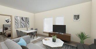 a living room with a tv and a table and chairs