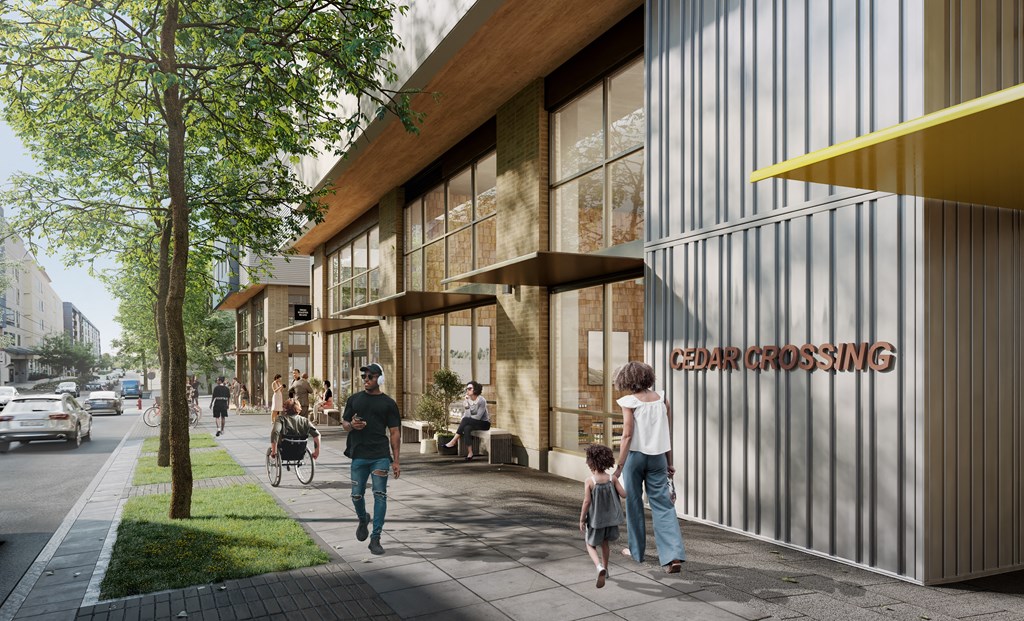 a rendering of a building with people walking on the sidewalk