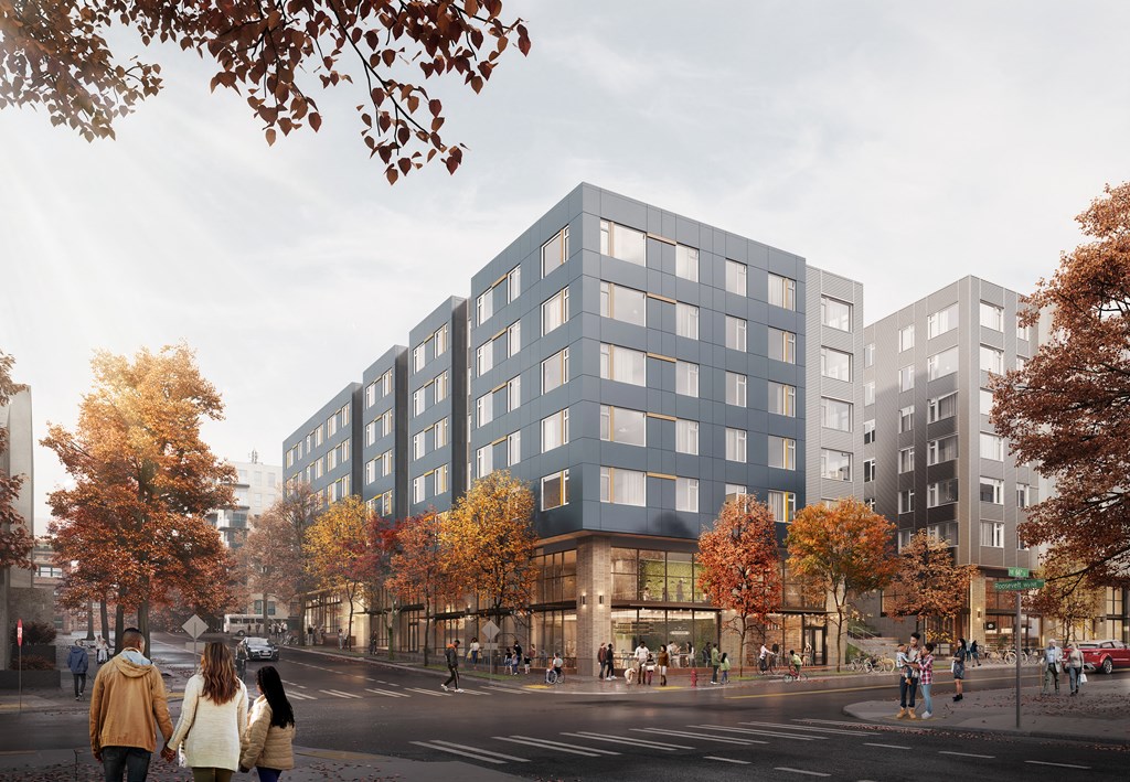 a rendering of a tall building on a city street