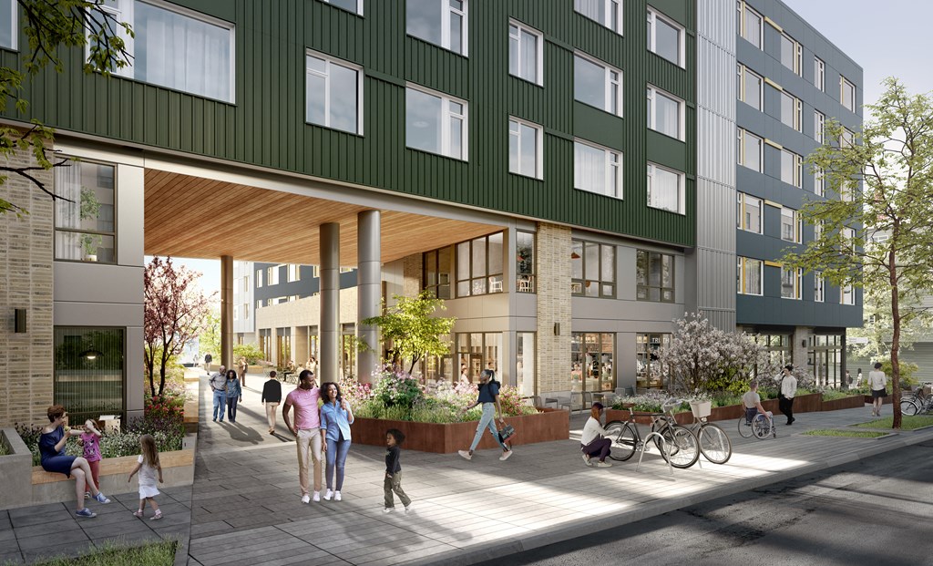 a rendering of people walking outside of a building