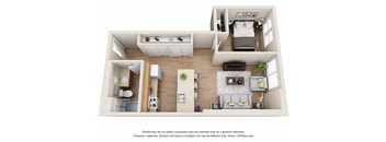 a rendering of a 1 bedroom floor plan with a bathroom and a living room