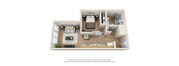 A 3D floor plan of a small apartment with a living room, kitchen, and bedroom.