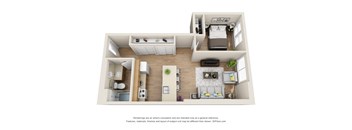 A 3D floor plan of a small apartment with a kitchen, living room, and bedroom.