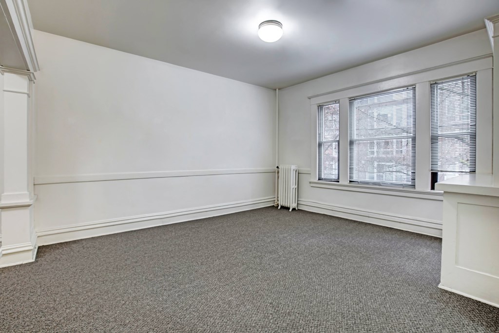 A room with a grey carpet and a window with blinds.
