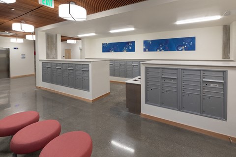 a view of the locker room in the new building at The Aries at Bitter Lake Apartments, Seattle, 98133