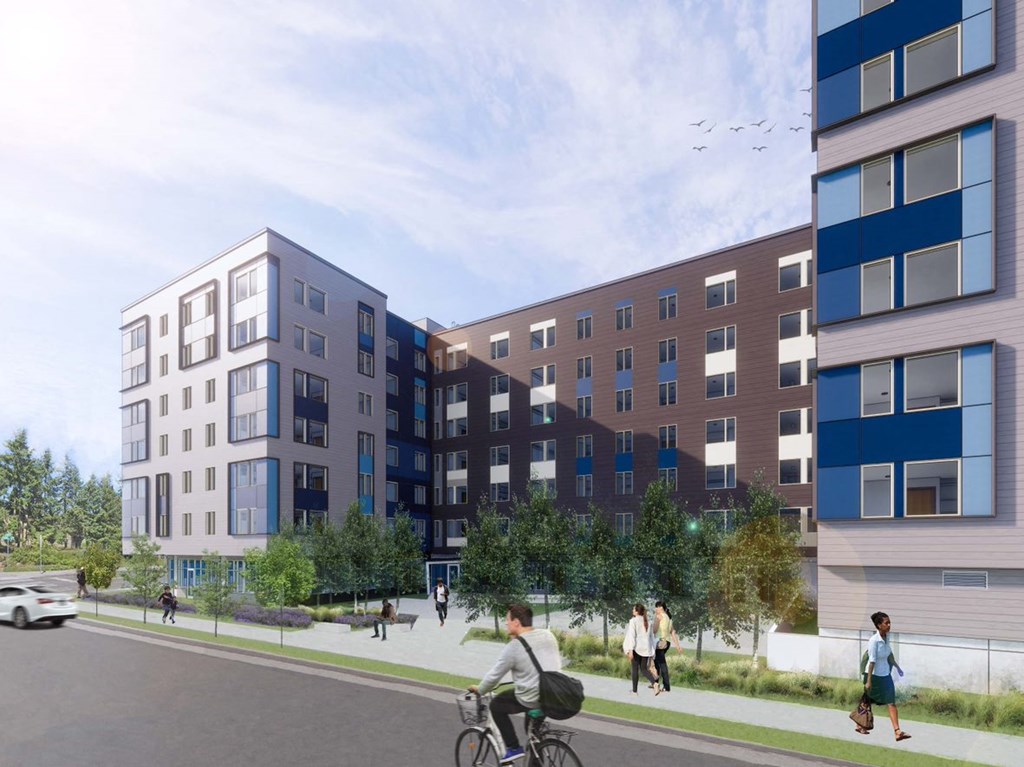 a rendering of a four story apartment building with people walking on the sidewalk in front of it