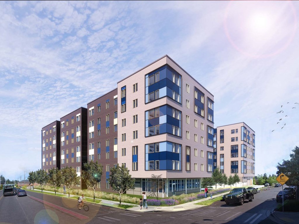 a rendering of a four story apartment building on a street corner